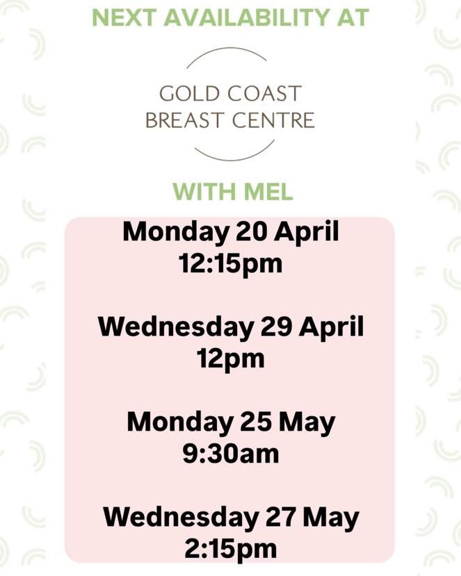 ⭐️Book Mel at Gold Coast Breast Centre
⭐️Level 1, 63 Ferry Rd, Southport Qld 4215
⭐️call 07 56233308 or book through link 
⭐️Monday&rsquo;s &amp; Wednesday&rsquo;s 8:30am-4:30pm

https://healthengine.com.au/webplugin/?id=99910&amp;doctor=133746&amp;s