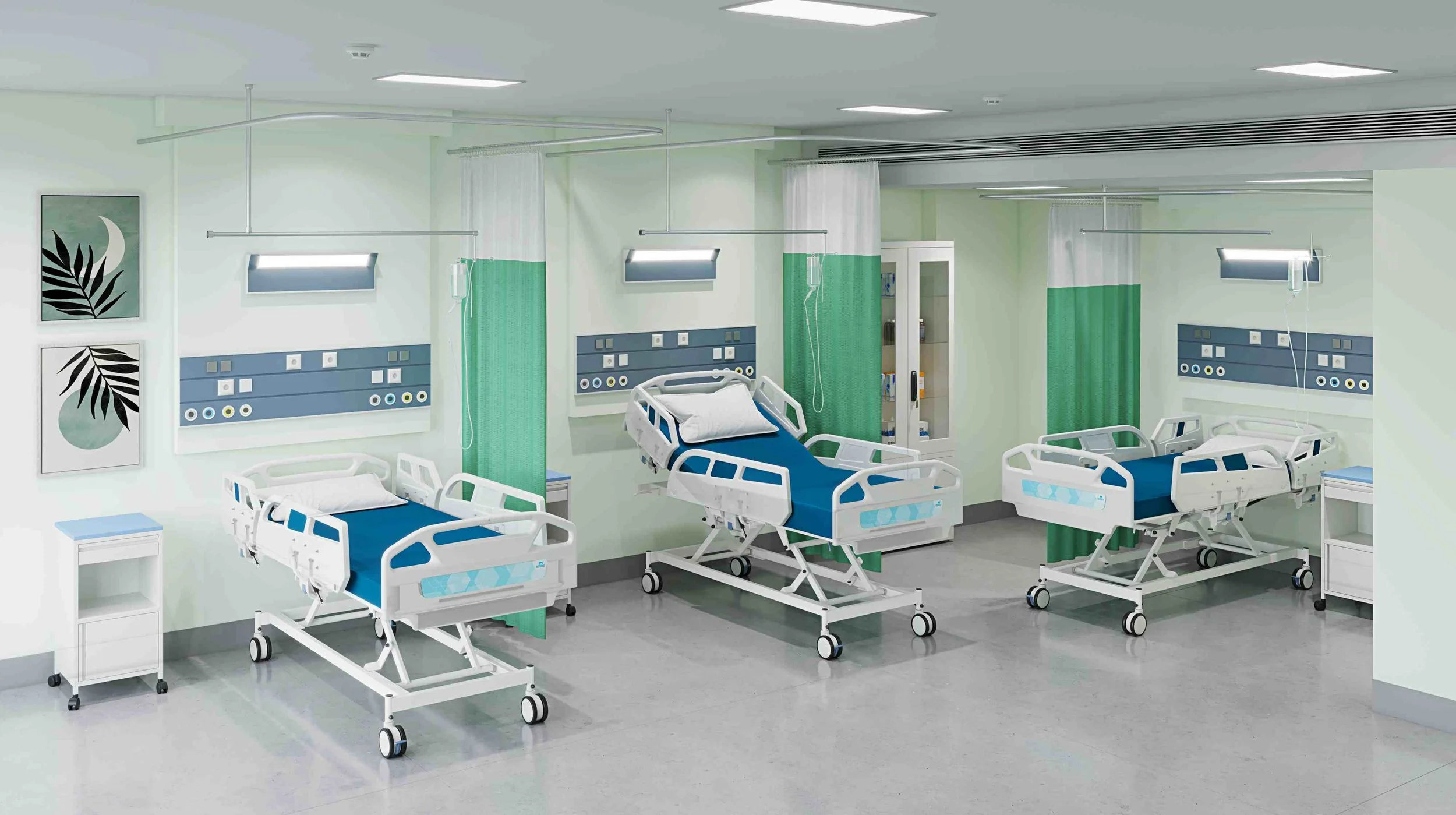 A hospital room with three empty hospital beds, each with blue bedding, green privacy curtains, medical equipment, wall panels, IV stands, and a cabinet, with a gray floor and light-colored walls.