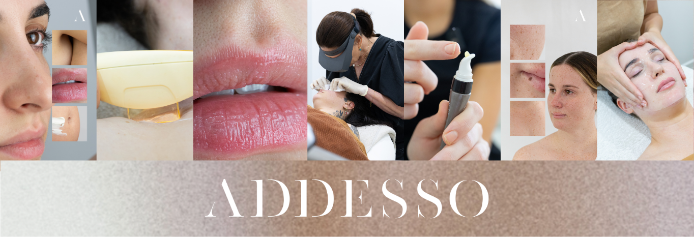 Collage of images related to skincare treatments and procedures, featuring close-ups of a woman's face, lips, and skin, a skincare device, a dentist or skincare professional performing a procedure, a skincare product, and a woman receiving a facial massage, with the word 'ADDESSO' displayed at the bottom.