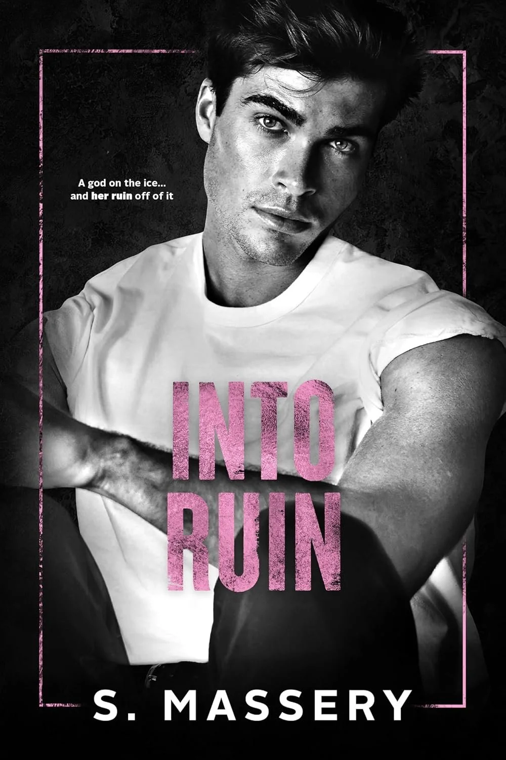 Book cover for 'Into Ruin' by S. Massery featuring a black and white photo of a young man with dark hair, wearing a white T-shirt, looking intently at the camera with a serious expression. The title 'Into Ruin' is in large pink letters across the che