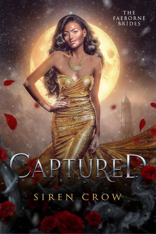 Book cover featuring a woman in a gold strapless gown with long dark wavy hair, standing in front of a large glowing full moon, with a dark, castle-like structure in the background and red flower petals scattered around.