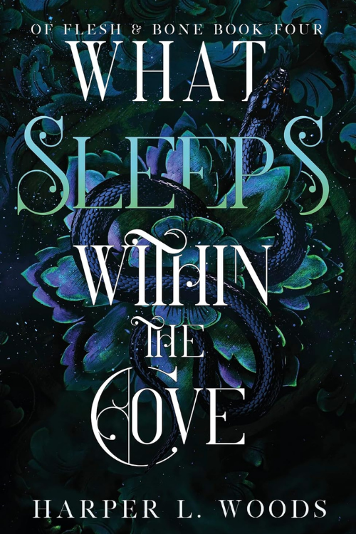 Book cover for 'What Sleeps Within the Dove' by Harper L. Woods, part of the Flesh & Bone Book Four series, featuring a dark, swirling background with an illustration of a black snake coiled among green and purple leaves.