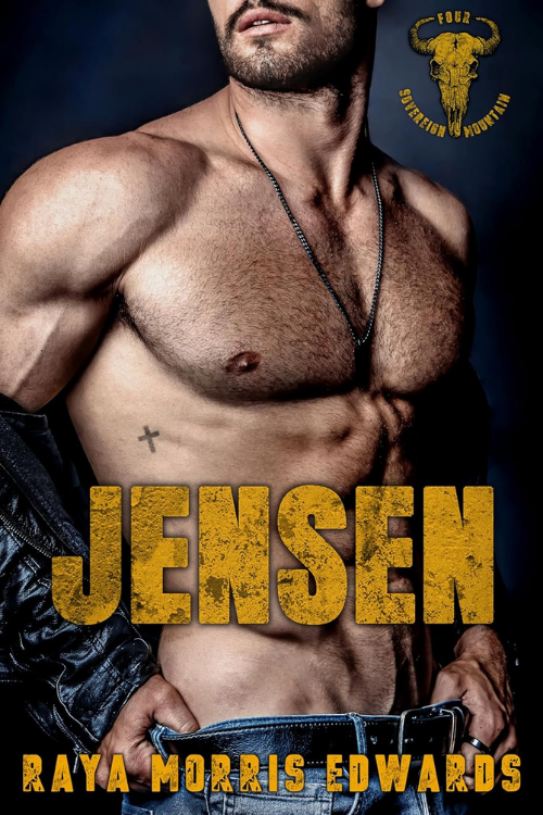 Close-up of a shirtless man with a beard and a tattoo of a cross on his chest, wearing a chain necklace and jeans. The background is dark. The book cover has bold yellow text reading "JENSEN" and the author's name "RAYA MORRIS EDWARDS" at the bottom.