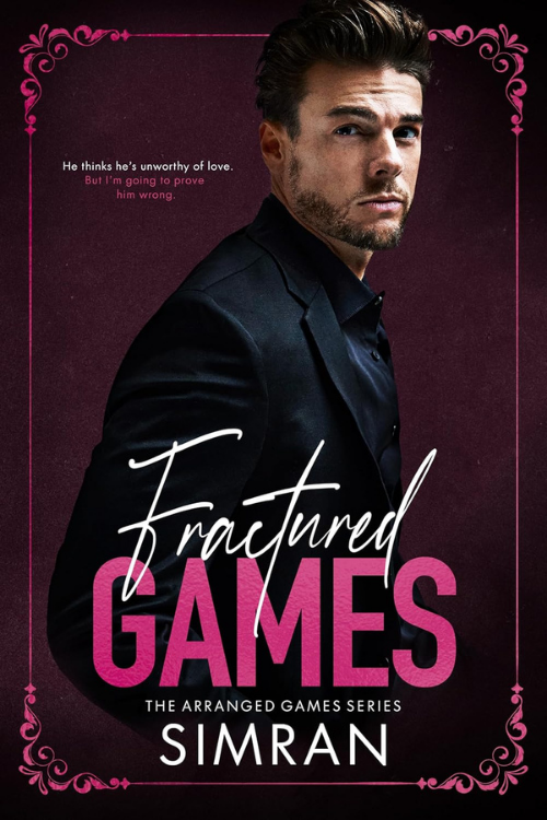 Book cover titled "Fractured Games" by Simran, featuring a serious-looking man in a dark suit with a maroon background and pink decorative borders.