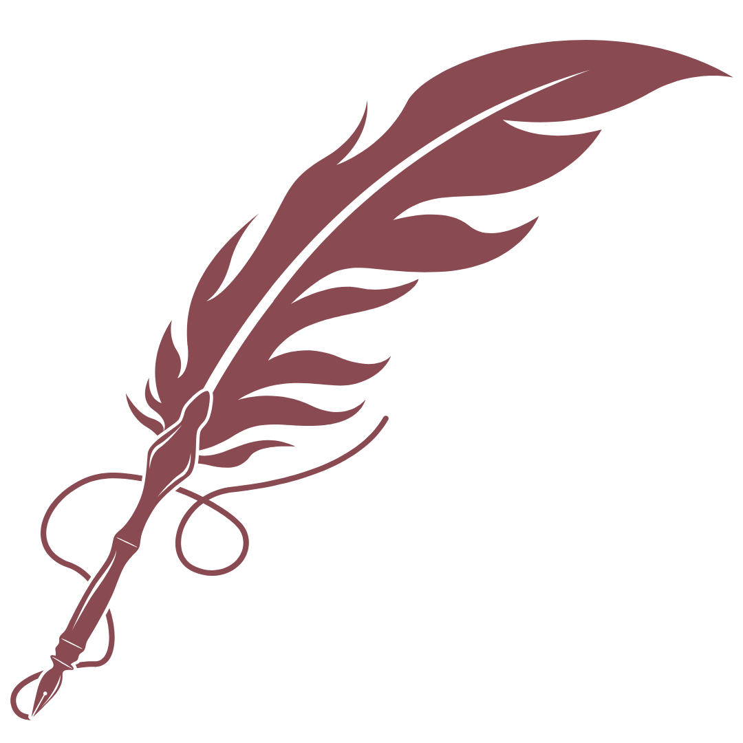 Illustration of a brown quill pen with a feather and a pointed nib.