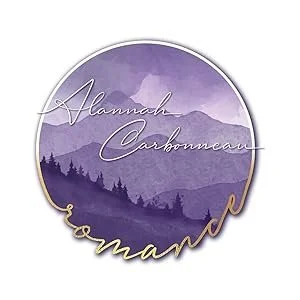 A circular logo featuring a purple mountain landscape with trees and a purple sky. Text reads 'Alannah Carbonneau' in cursive and 'romance' in gold script.