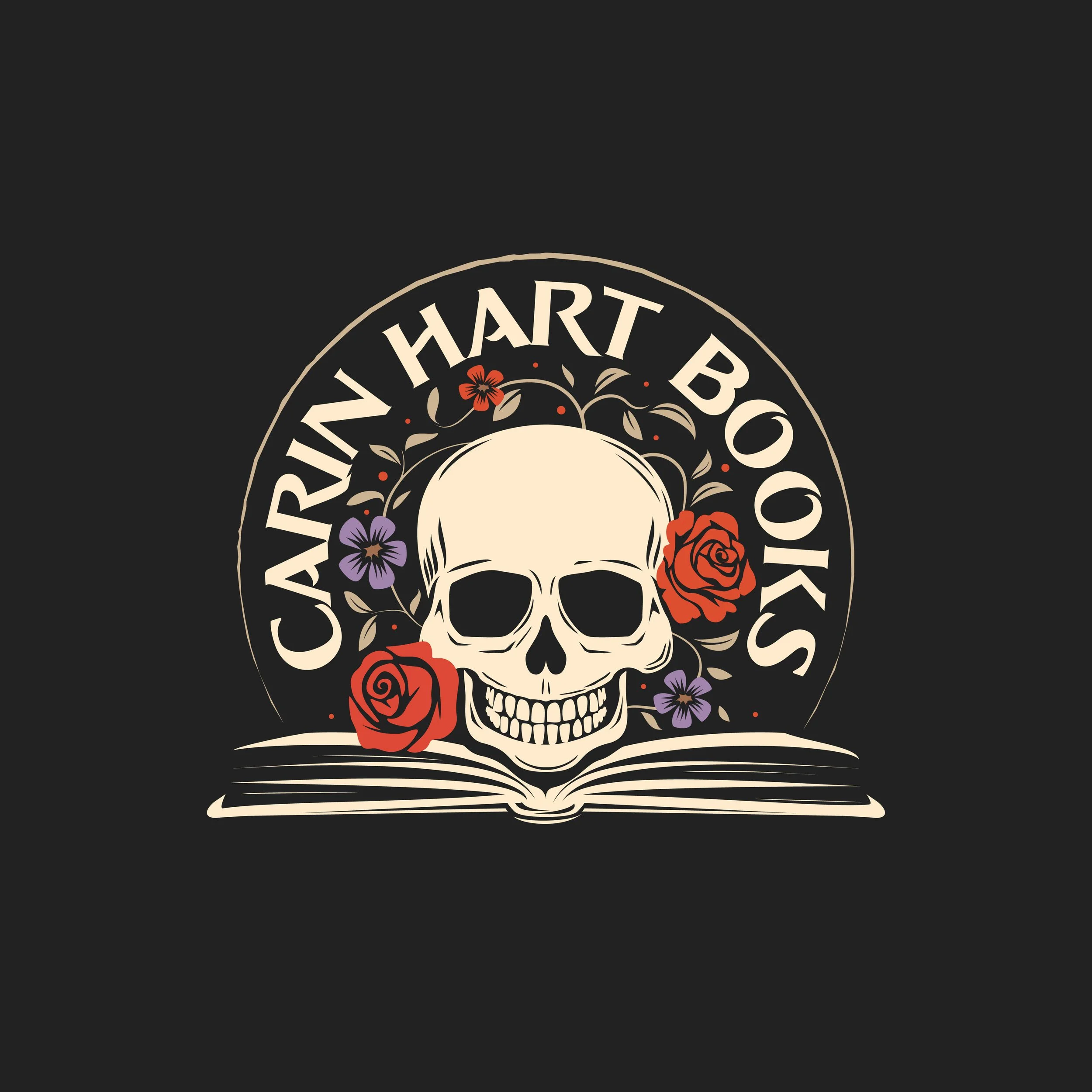 Skull illustration with roses and purple flowers around it, open book beneath, and text 'Caring Heart Book' above in a circular arrangement.