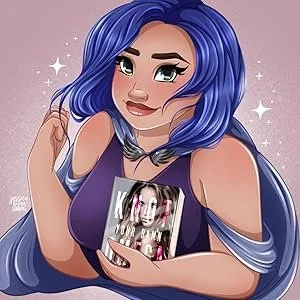 Cartoon woman with long blue hair holding a phone showing a photo of a band.