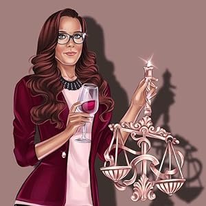 Cartoon woman with long wavy brown hair and glasses holding a glass of red wine, standing next to a golden scale and holding a small illuminated star