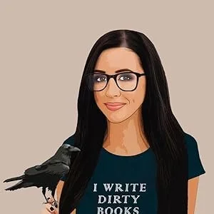 A woman with long dark hair, glasses, and a blue shirt that says 'I WRITE DIRTY BOOKS' standing in front of a plain beige background.