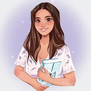 Digital illustration of a smiling woman with long brown hair holding a light blue book against a purple background.