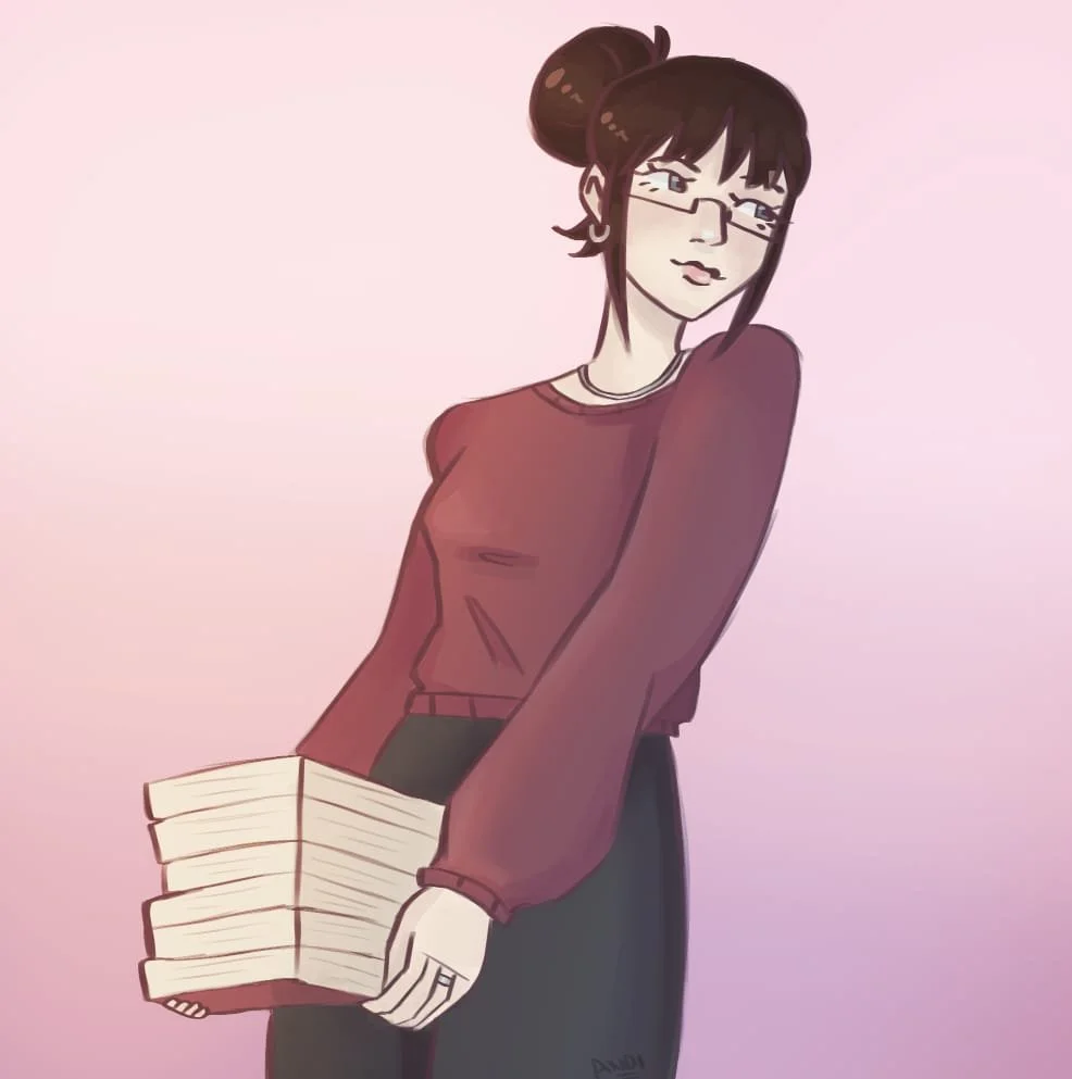 Cartoon woman with glasses holding several books, wearing a maroon sweater, against a light pink background.