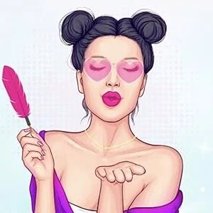A young woman with buns hairstyle, pink heart-shaped sunglasses, pink lipstick, holding a pink feather quill and blowing a kiss.