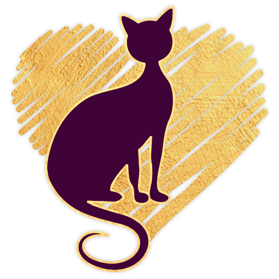 Silhouette of a cat sitting in front of a gold heart background.