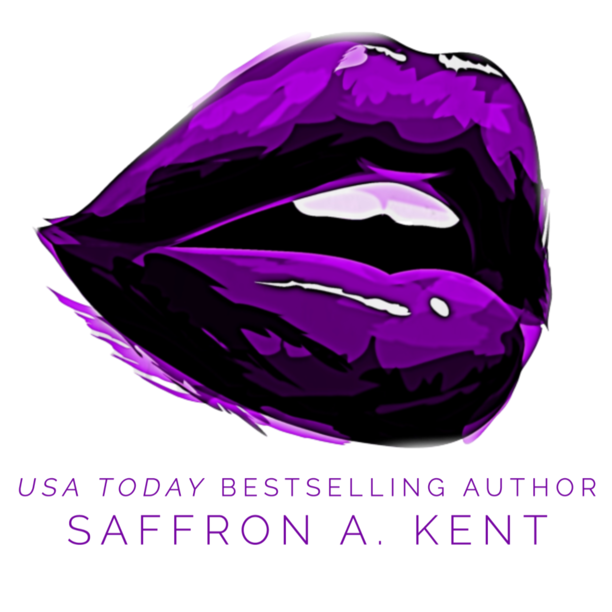 Stylized purple and black lipstick kiss mark with the text 'USA Today Bestselling Author Saffron A. Kent' underneath
