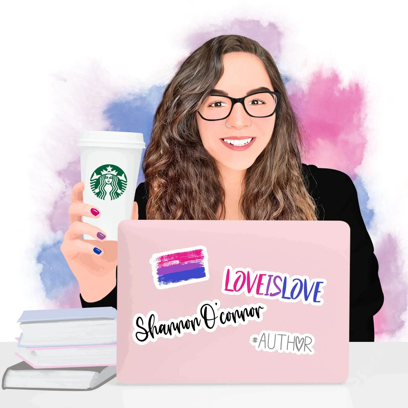 Young woman with long, curly hair, glasses, and a nose ring smiling while holding a Starbucks cup in front of a pink laptop decorated with colorful stickers. She is sitting at a desk with stacked books.