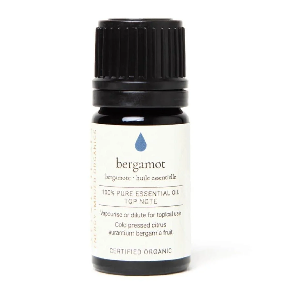 Bergamot organic essential oil, dark glass bottle on white