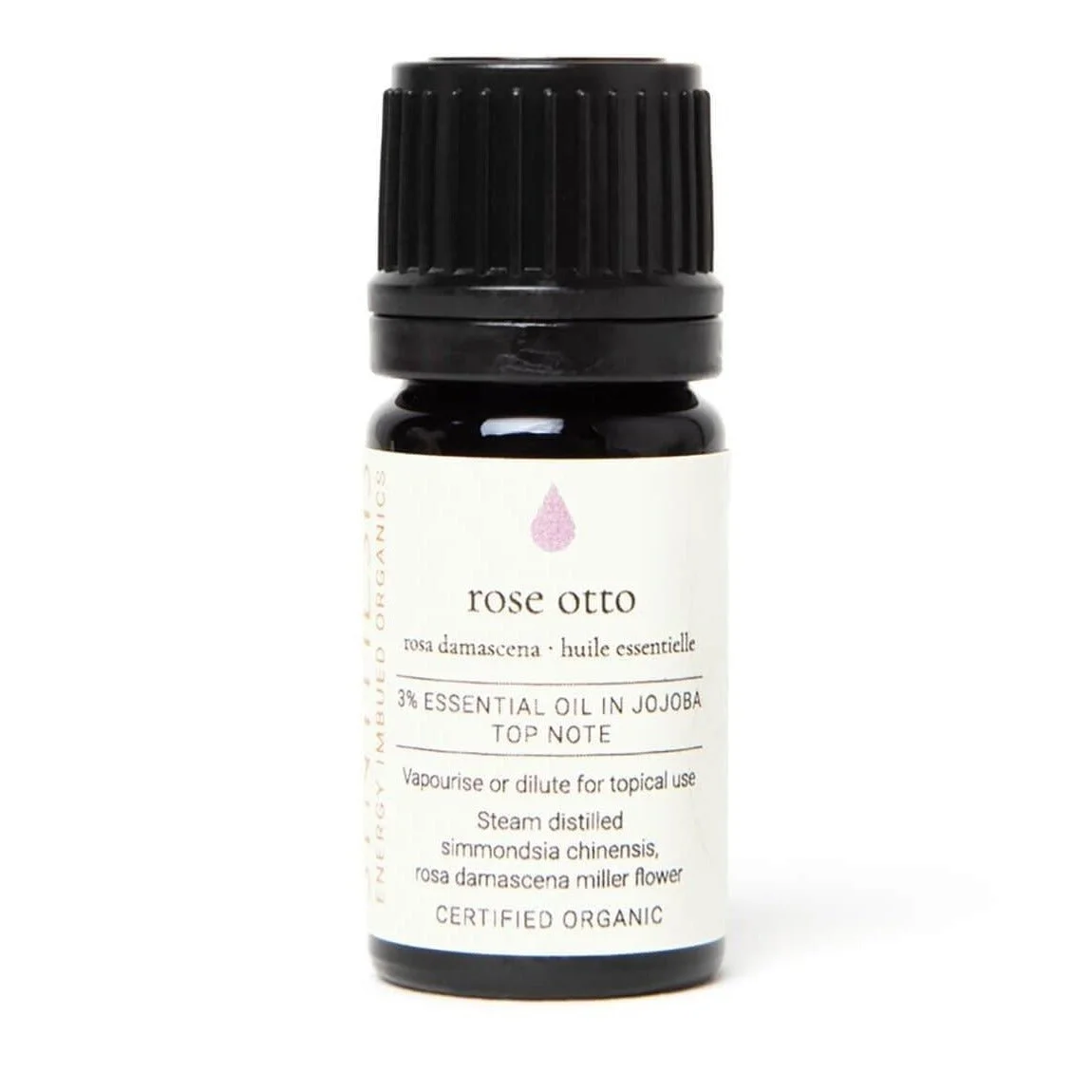 Rose otto organic essential oil in jojoba, dark glass bottle on white