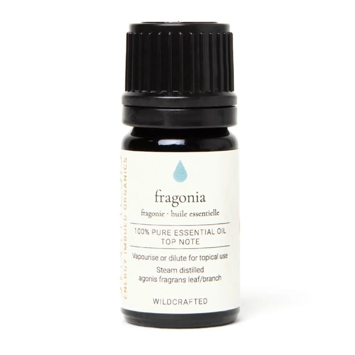 Fragonia essential oil, dark glass bottle on white