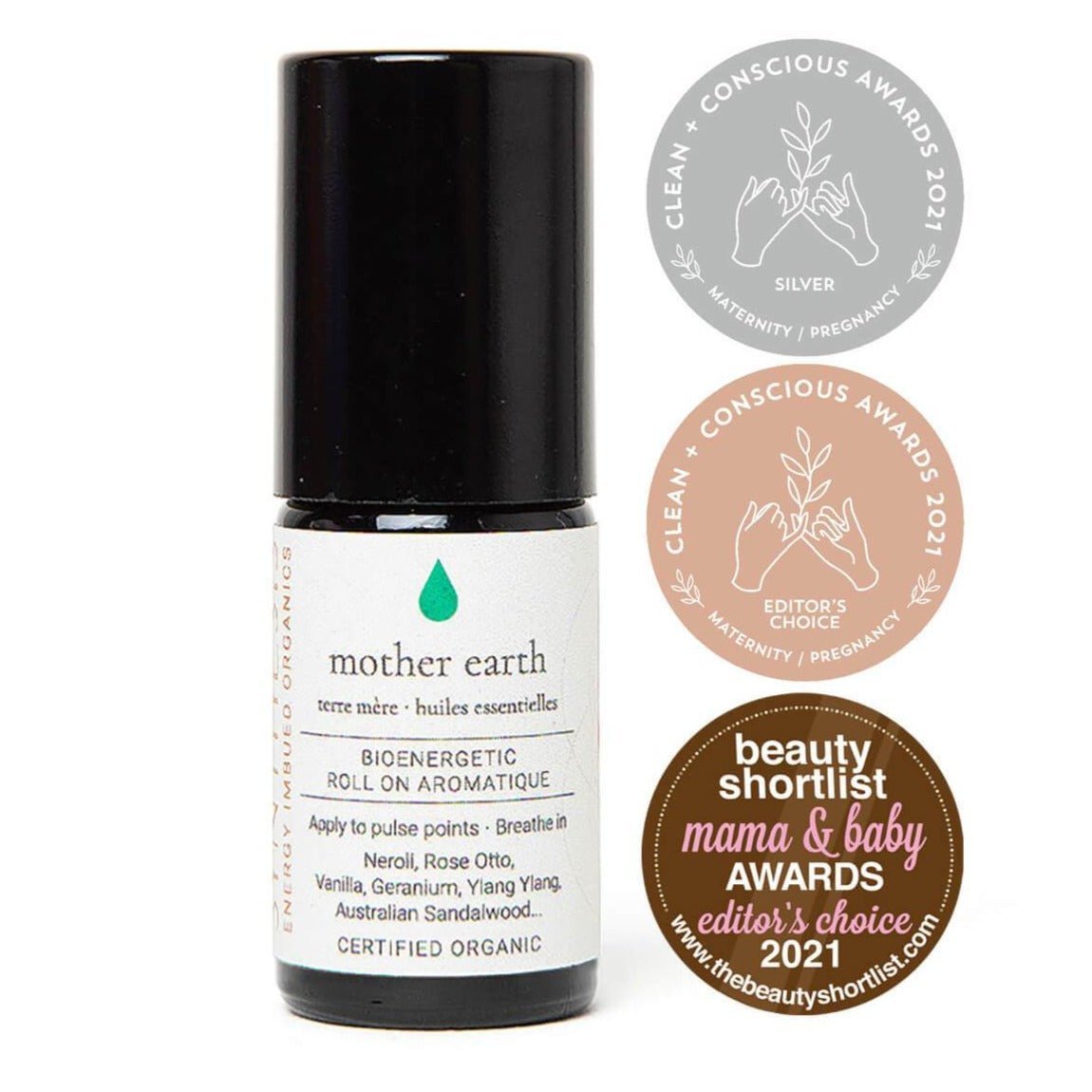 Mother Earth organic essential oil roll-on on white, with three 2021 award badges