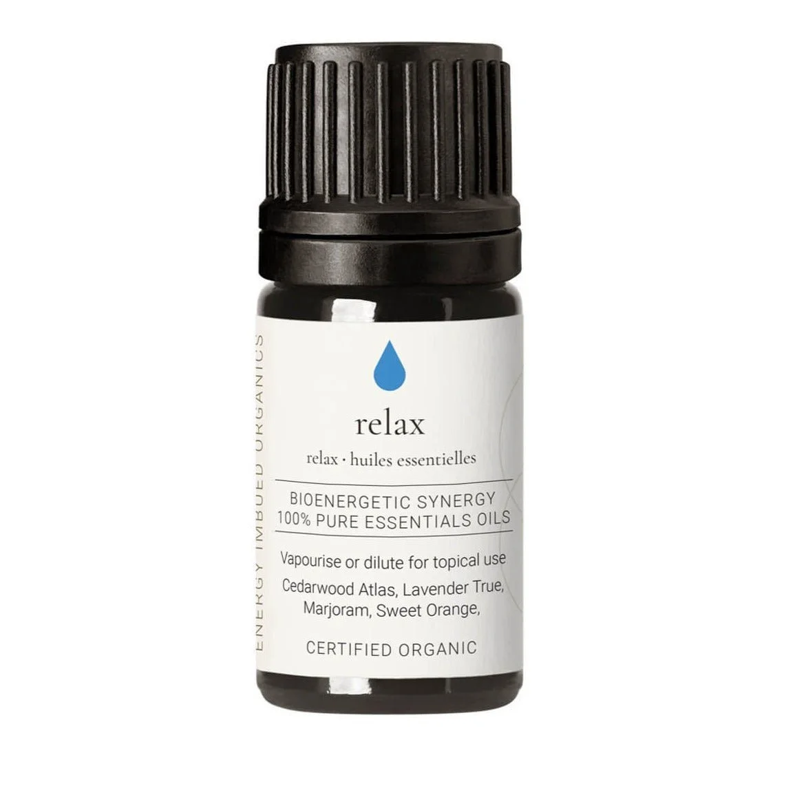 Relax organic essential oil synergy, dark glass bottle on white