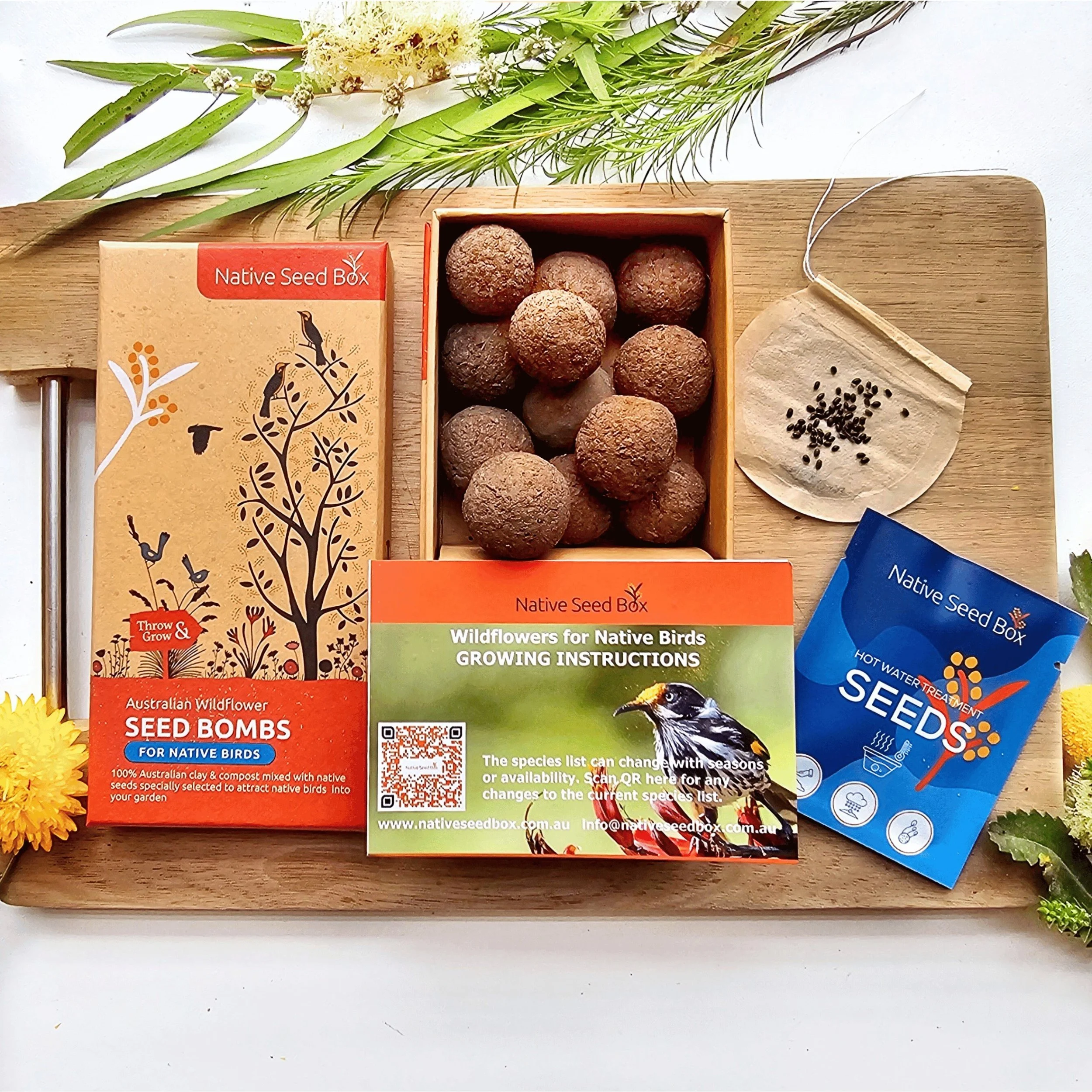 Wildflowers for native birds seed bombs, open box with seed balls and growing instructions