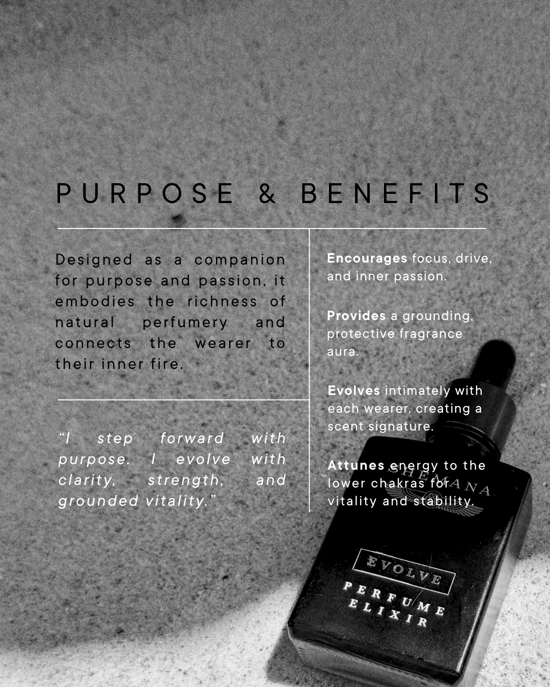Evolve perfume elixir purpose and benefits text, with the bottle on stone