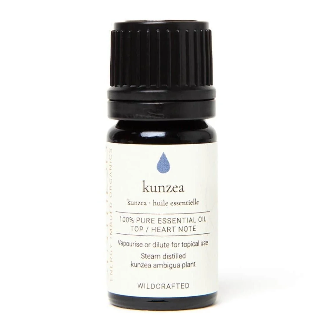 Kunzea essential oil, dark glass bottle on white