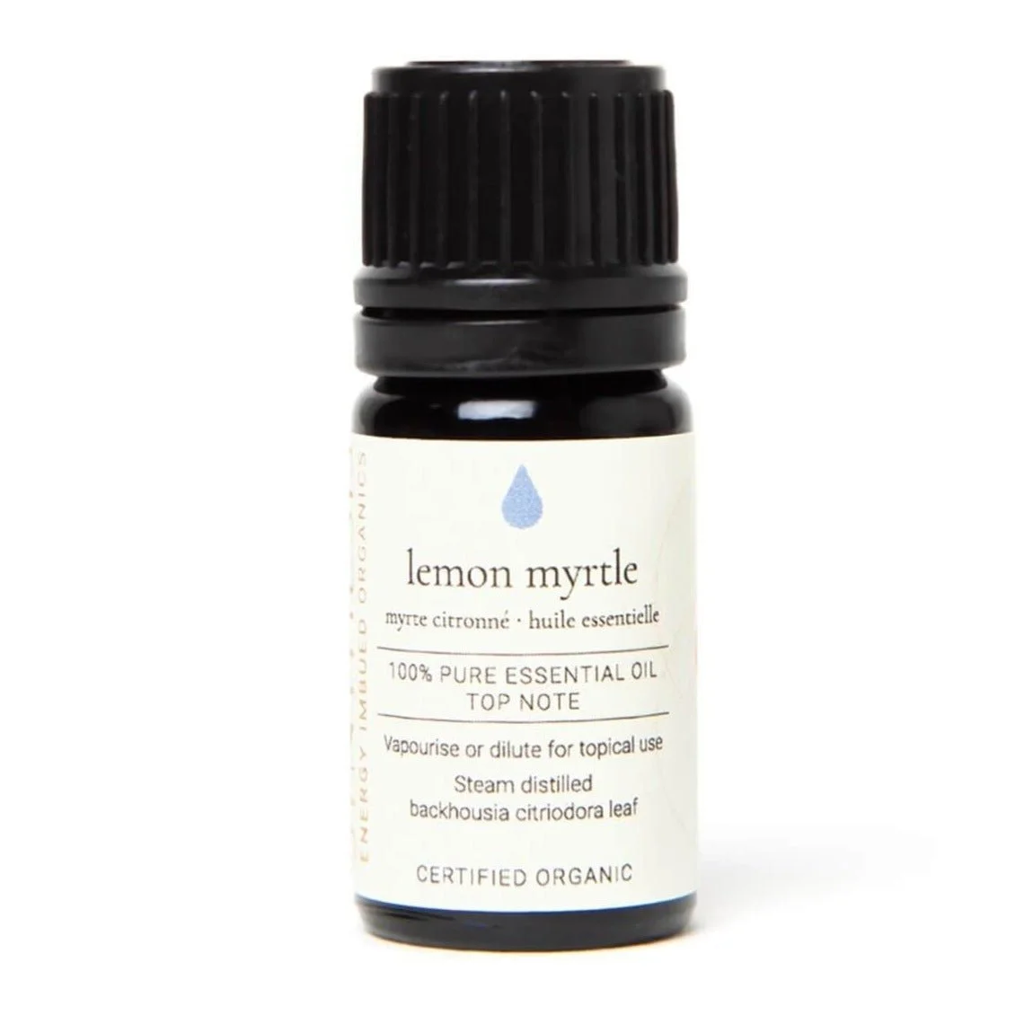 Lemon myrtle organic essential oil, dark glass bottle on white