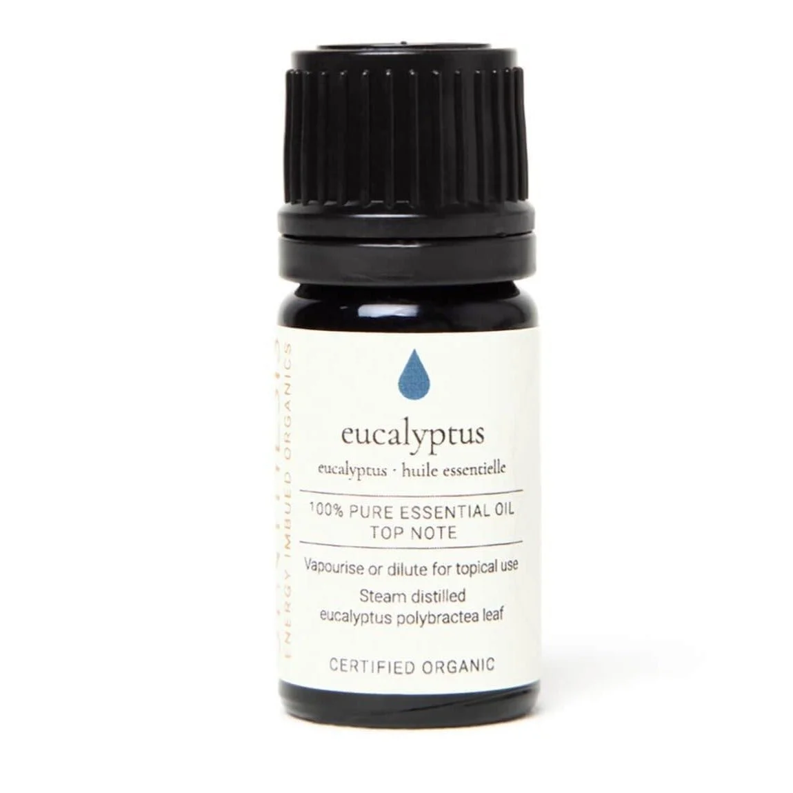 Eucalyptus organic essential oil, dark glass bottle on white