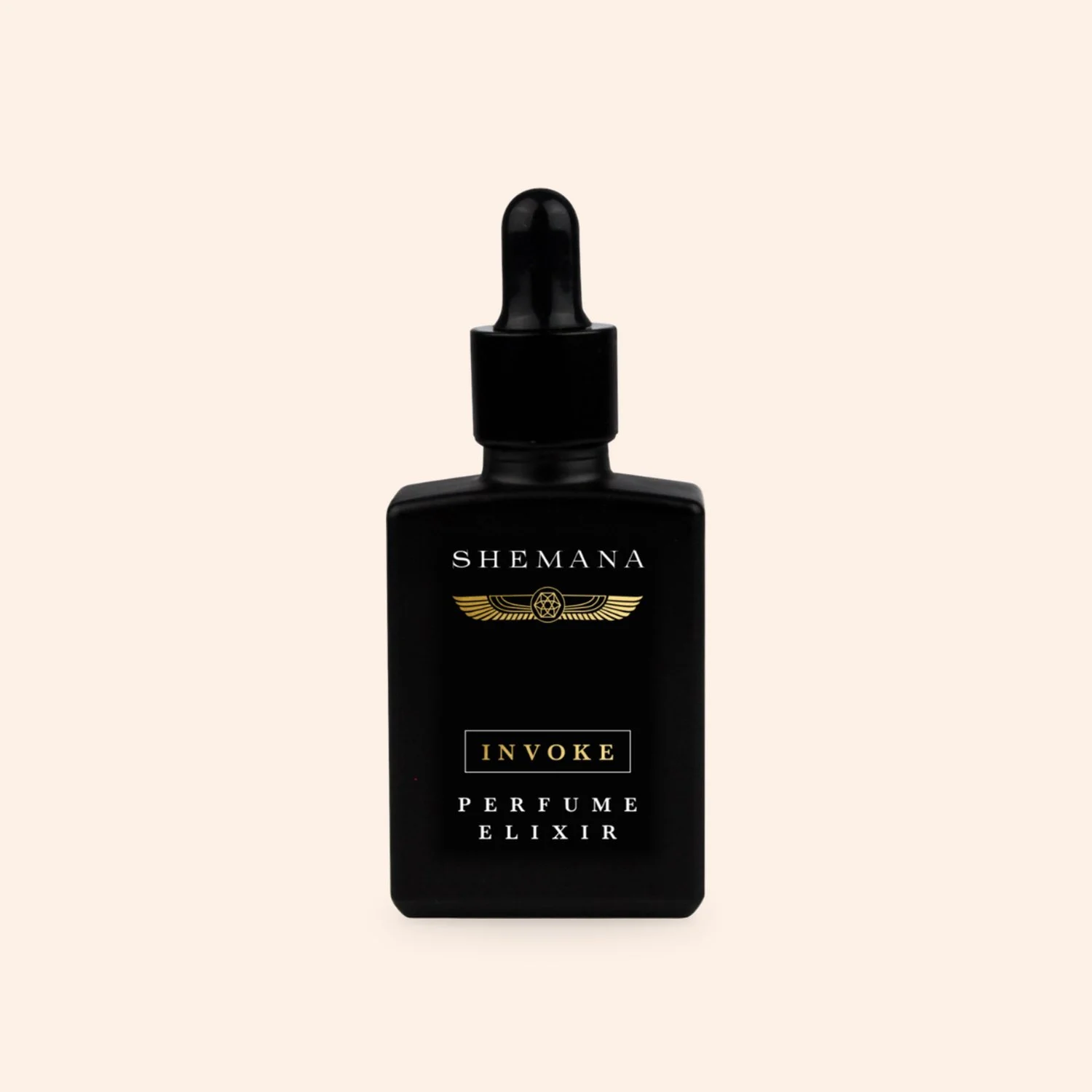 Invoke Crystalline Perfume Elixir 30ml, black glass dropper bottle on a peach background