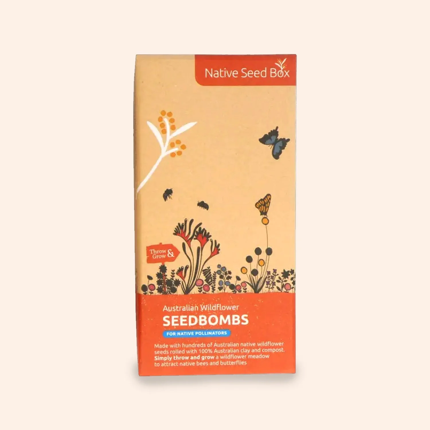 Wildflowers for native pollinators seed bombs, box front on cream