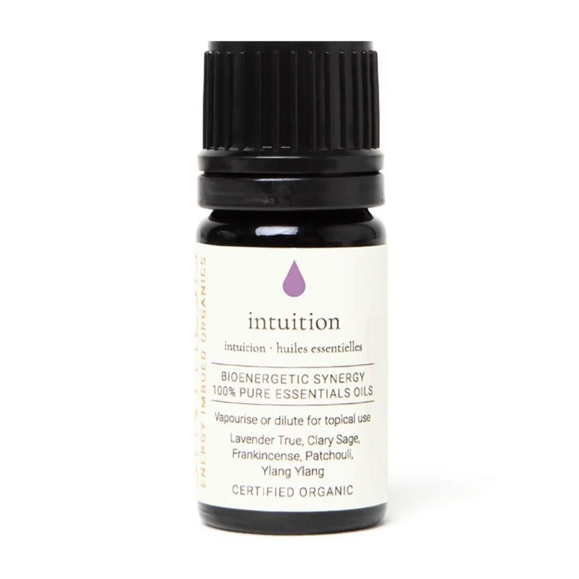 Intuition organic essential oil synergy, dark glass bottle on white