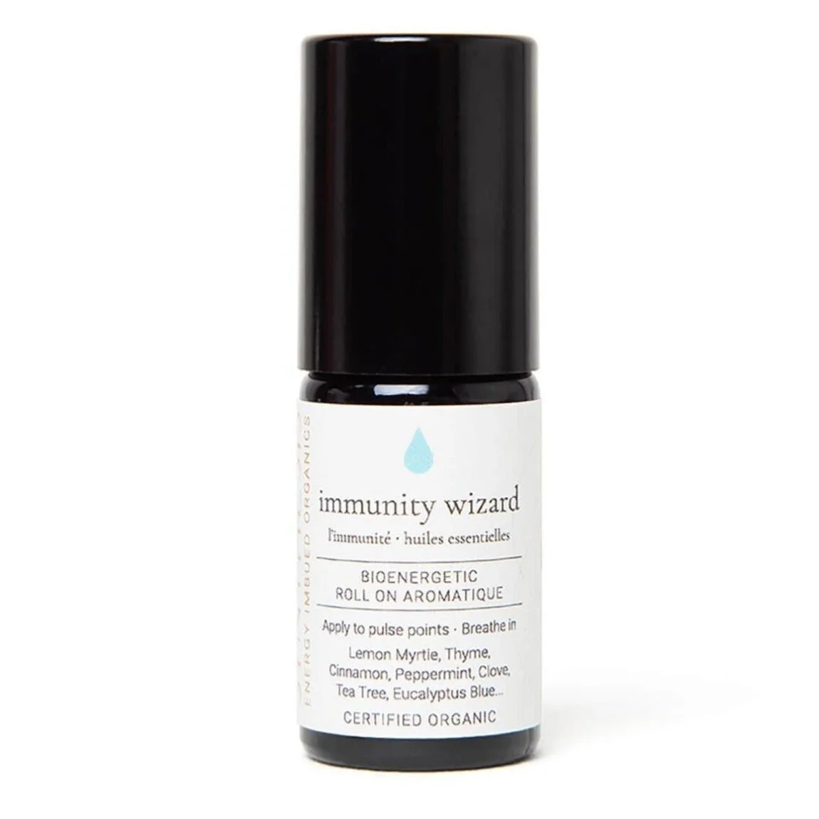 Immunity Wizard organic essential oil roll-on, dark glass bottle on white