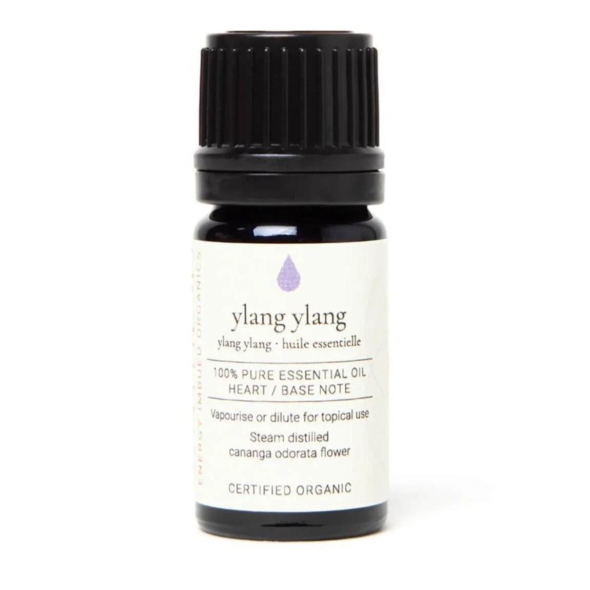 Ylang ylang organic essential oil, dark glass bottle on white