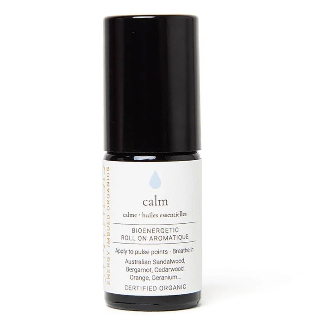 Calm organic essential oil roll-on, dark glass bottle on white