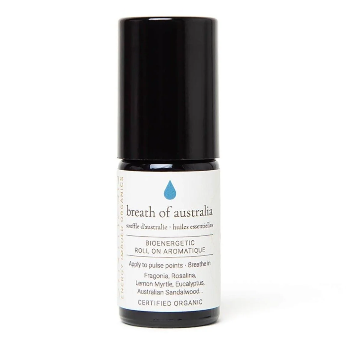 Breath of Australia organic essential oil roll-on, dark glass bottle on white
