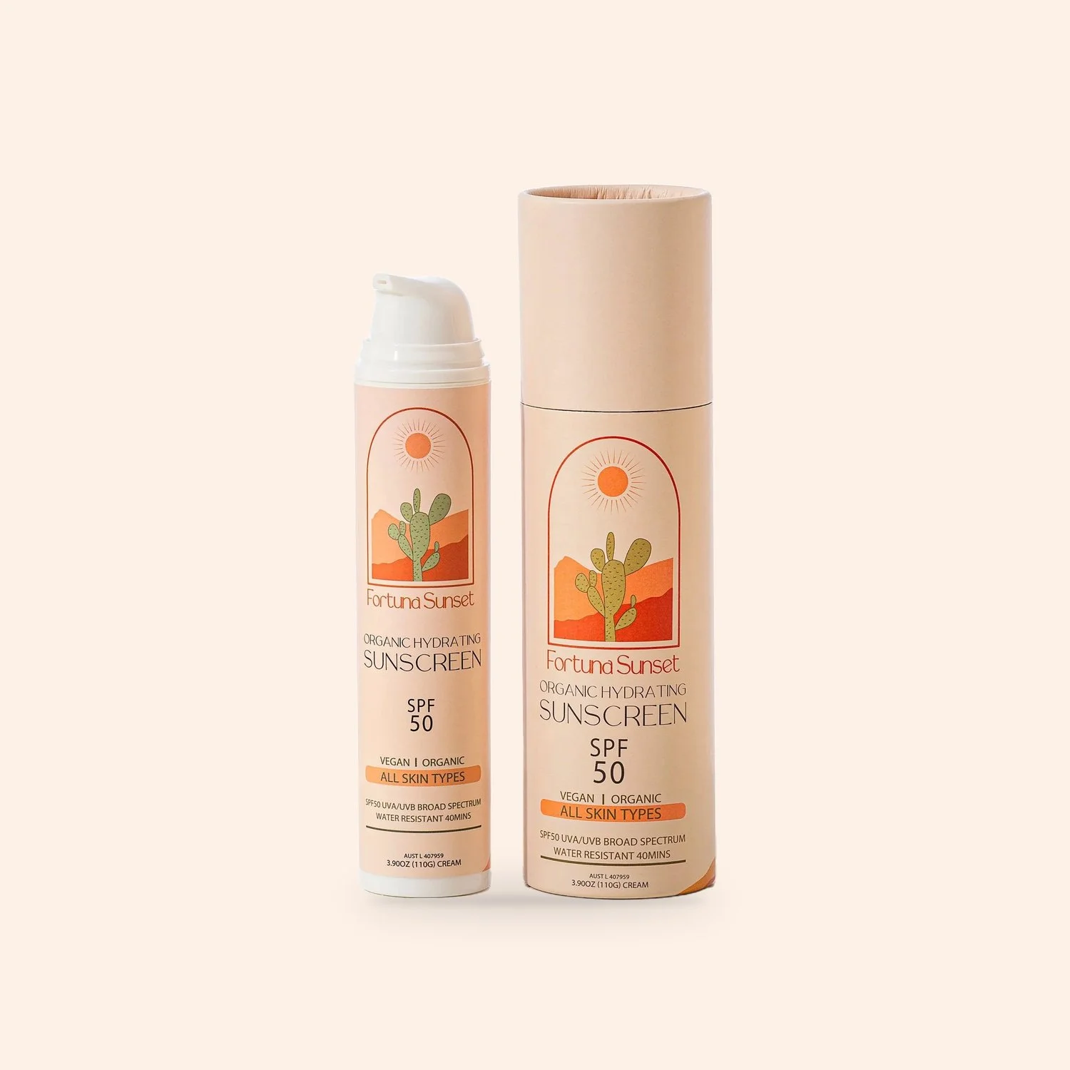 Organic zinc sunscreen SPF 50 tube beside its cardboard tube box
