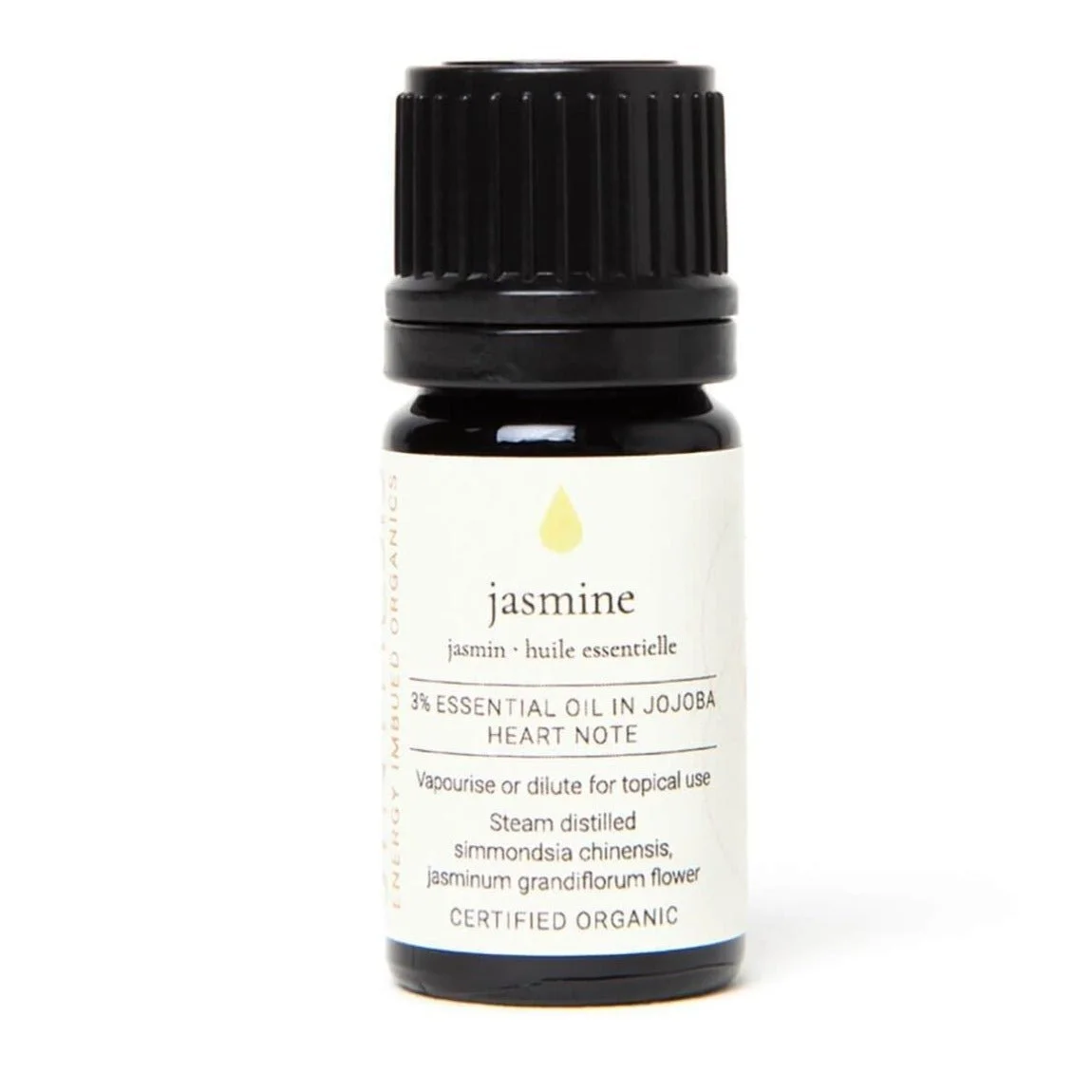 Jasmine organic essential oil in jojoba, dark glass bottle on white