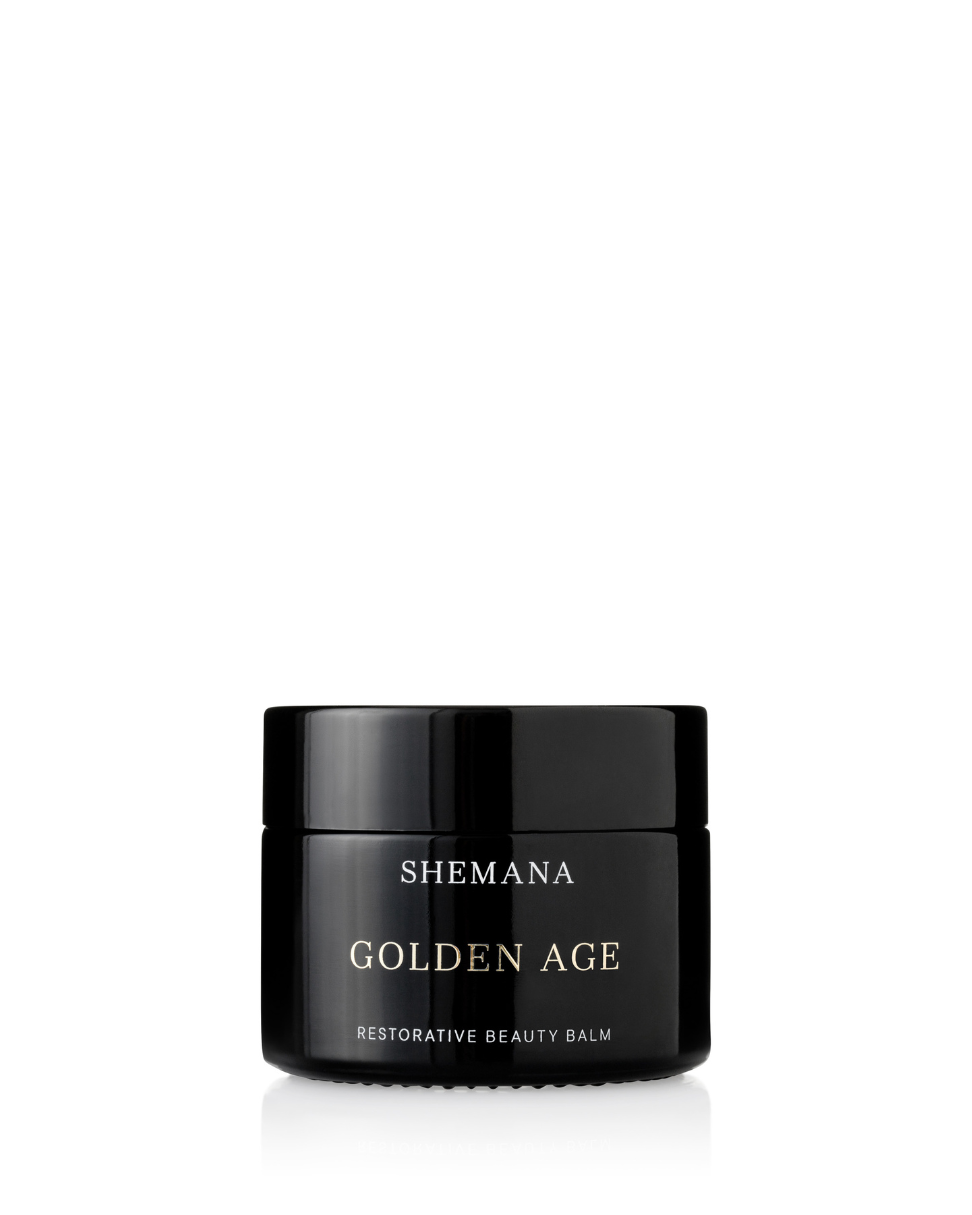 Golden Age Beauty Balm 50g, black glass jar on a white background