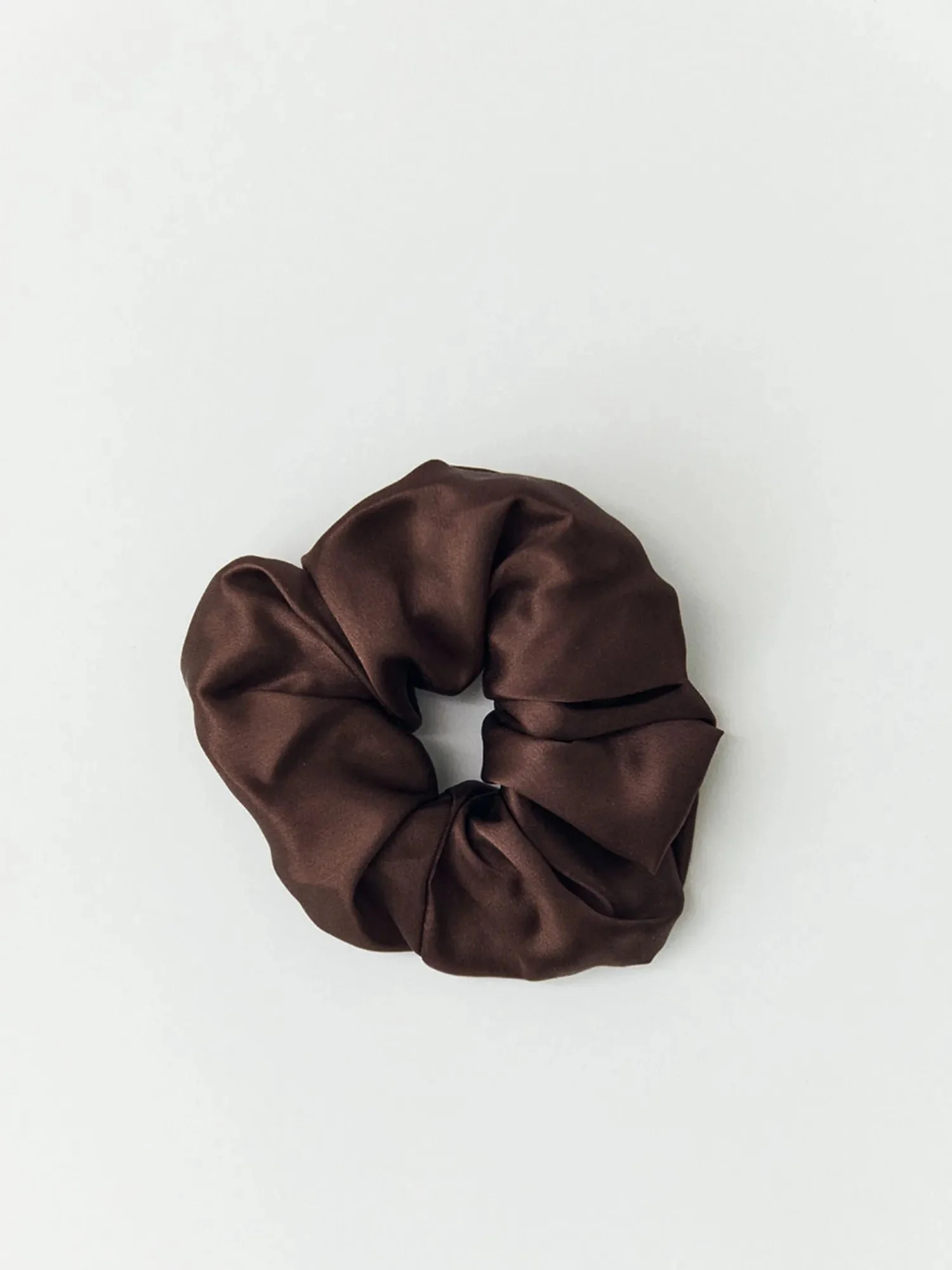 Mulberry silk scrunchie in cacao, on white
