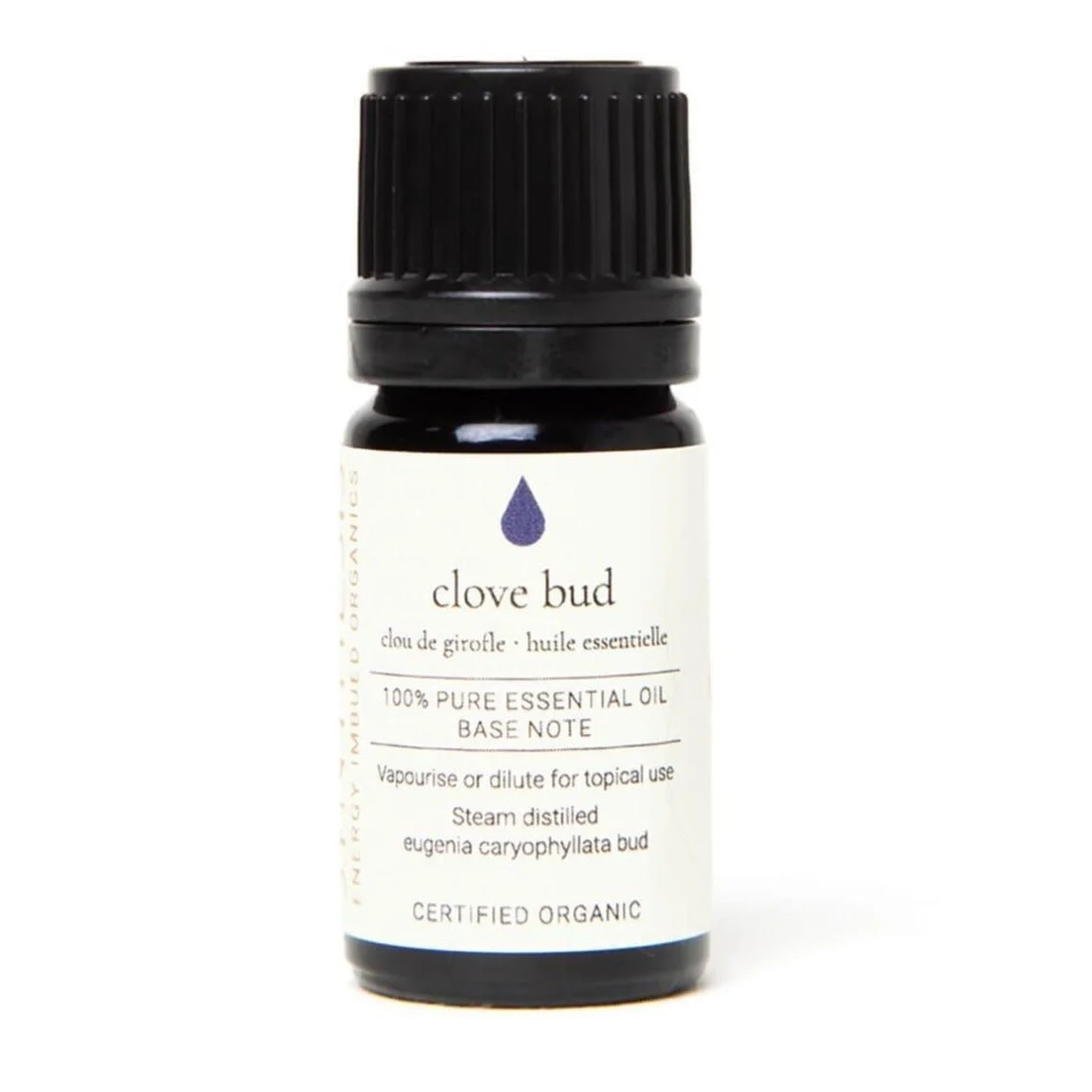 Clove bud organic essential oil, dark glass bottle on white
