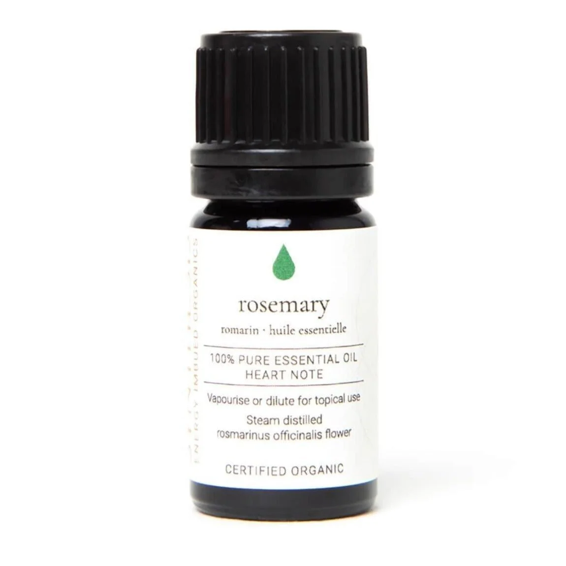 Rosemary organic essential oil, dark glass bottle on white