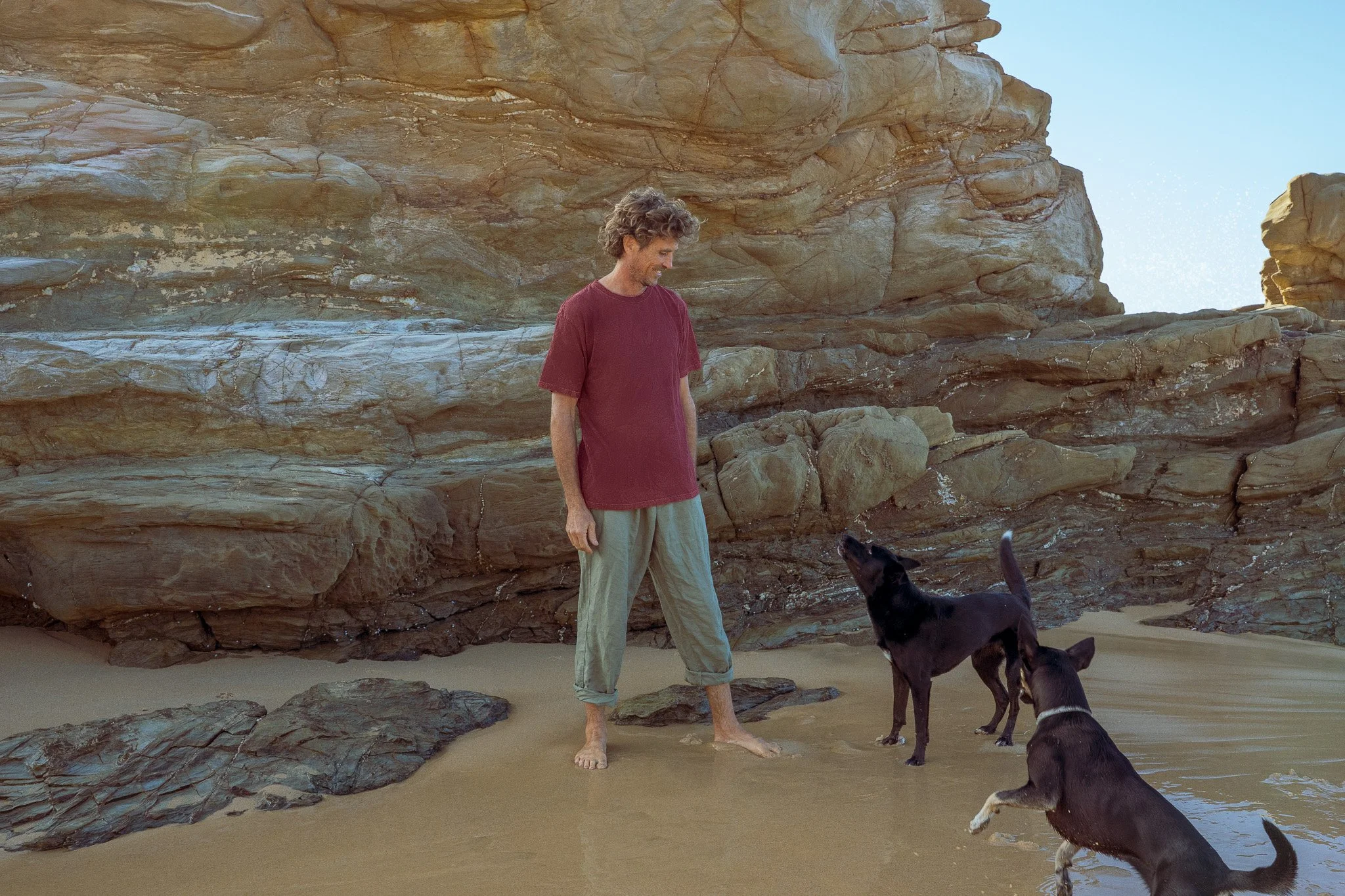 Men's plant dyed hemp tee in walnut and madder, worn on the beach with two dogs