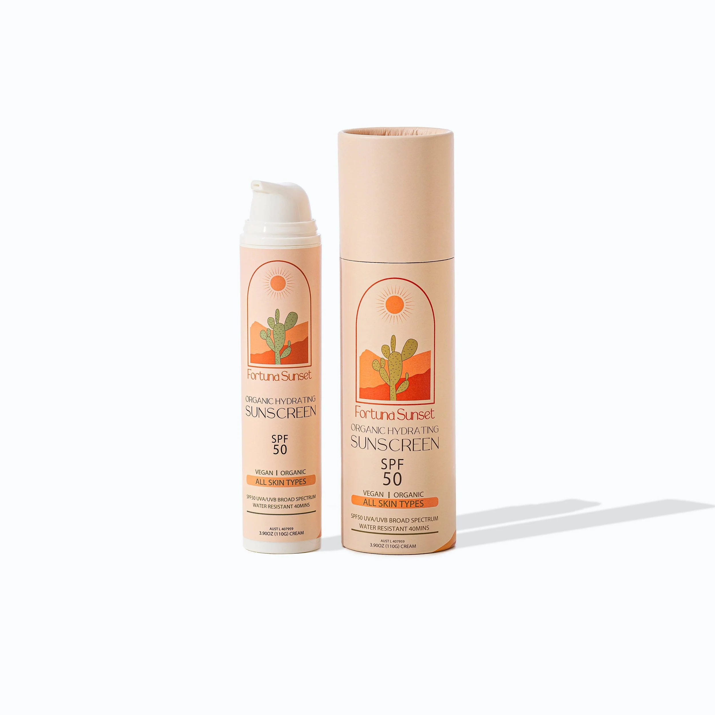 Organic zinc sunscreen SPF 50 pump bottle and cardboard tube, on white