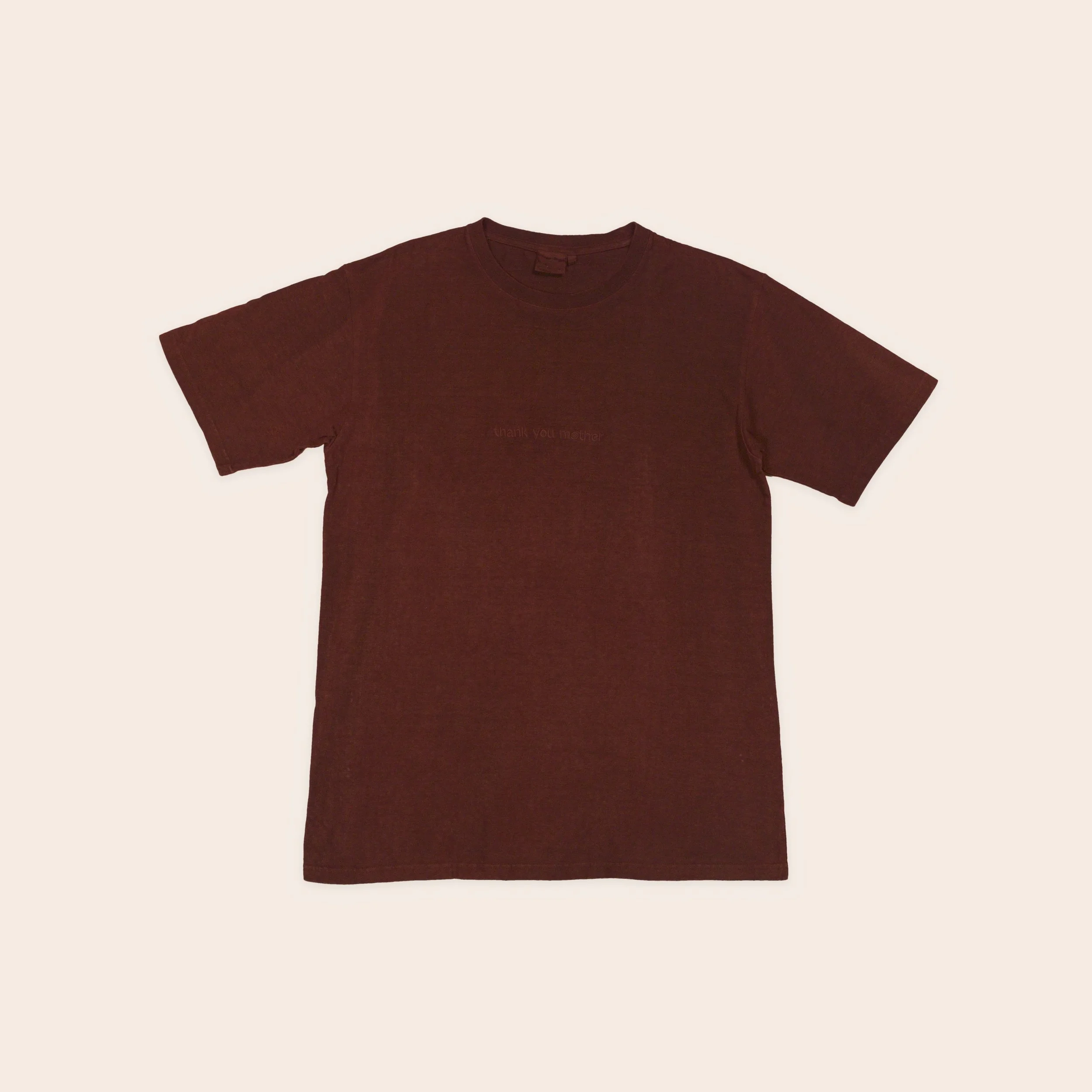 Men's plant dyed hemp tee in walnut and madder, flat lay