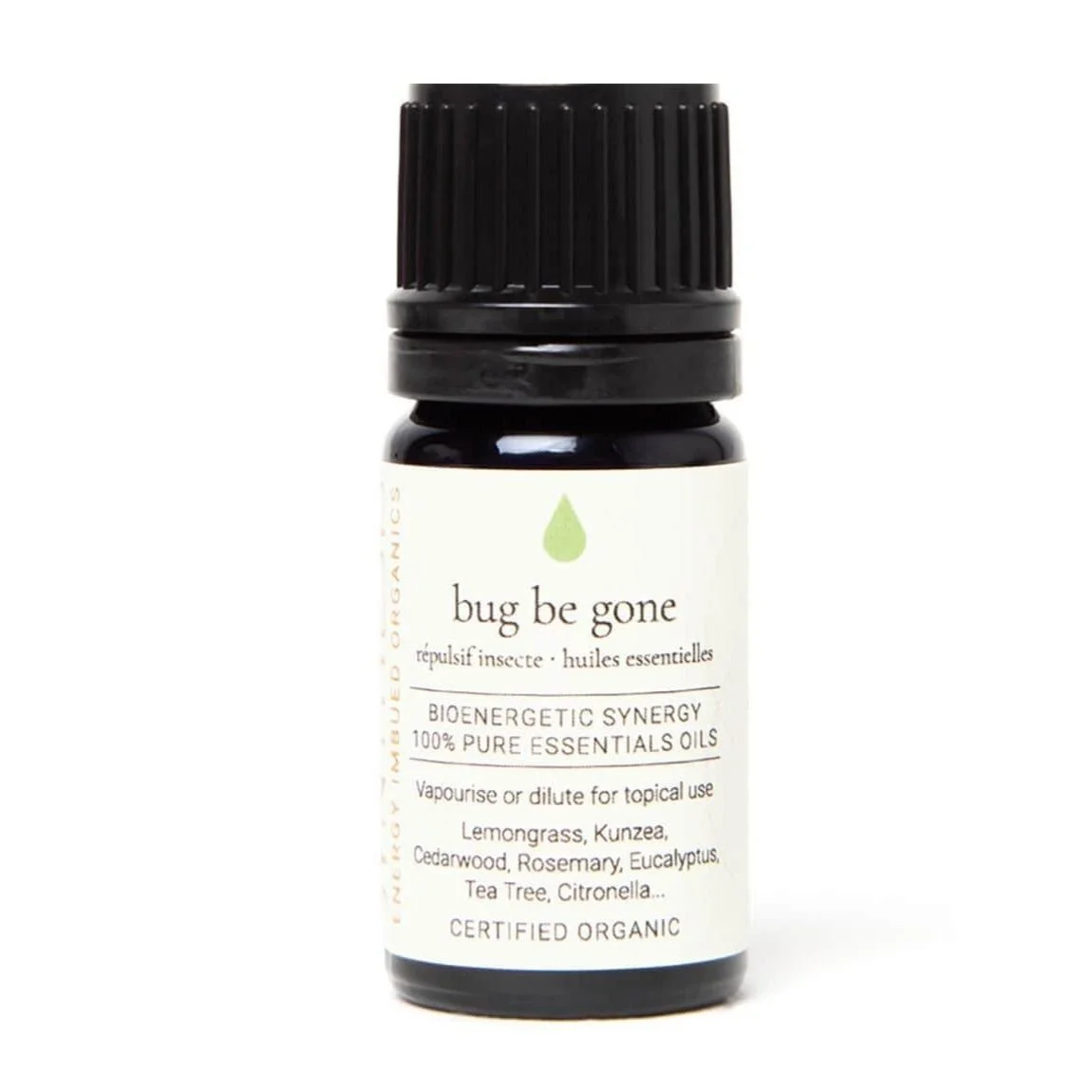 Bug Be Gone organic essential oil synergy, dark glass bottle on white