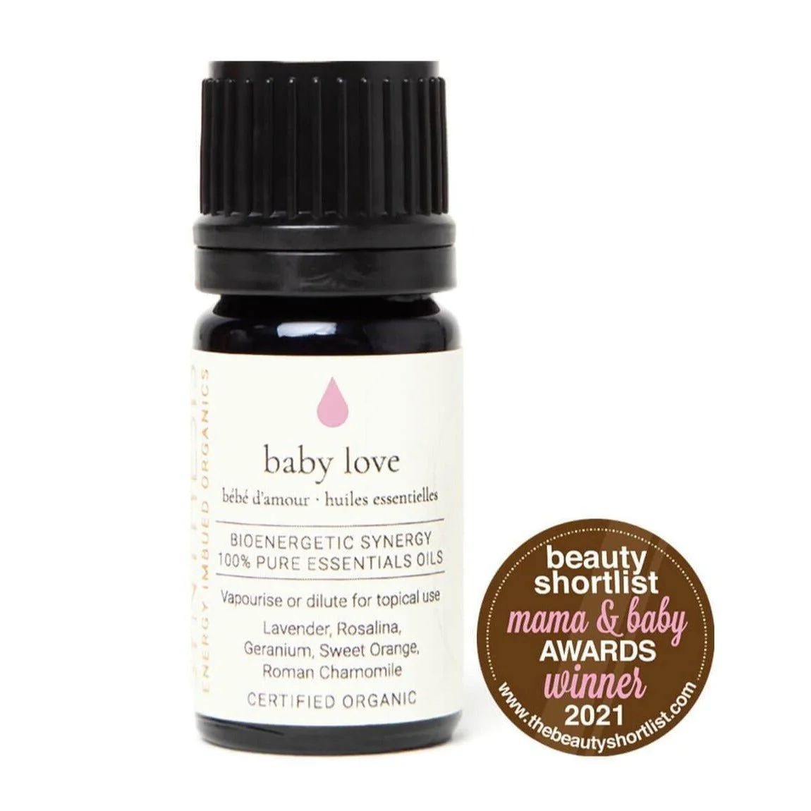 Baby Love organic essential oil synergy bottle on white, with a 2021 Mama & Baby Awards winner badge