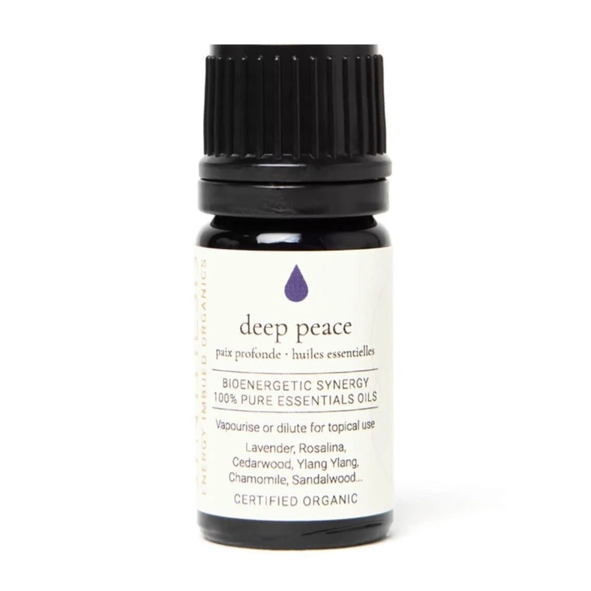 Deep Peace organic essential oil synergy, dark glass bottle on white