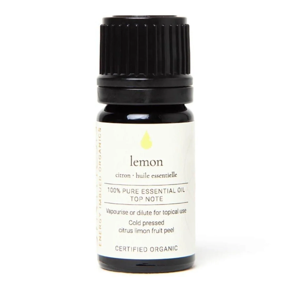 Lemon organic essential oil, dark glass bottle on white